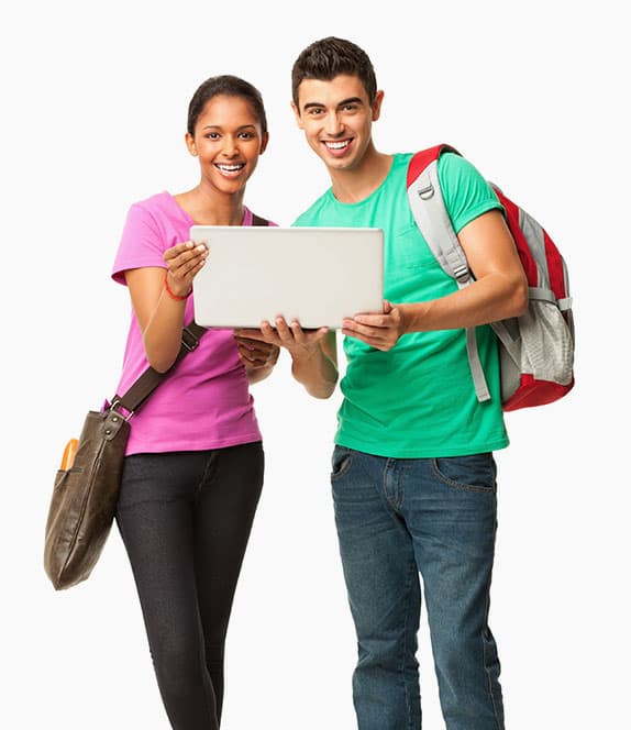Two students holding a laptop.